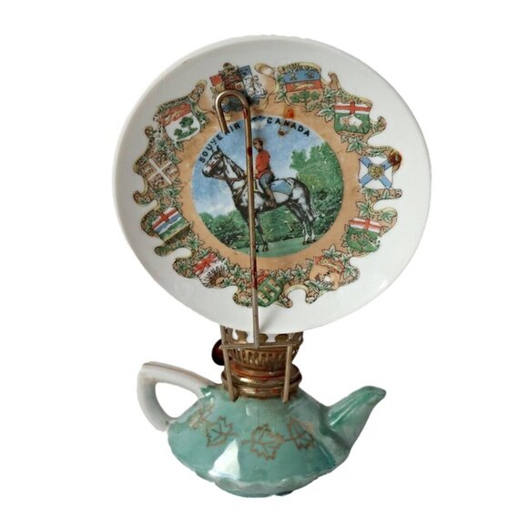 Vintage Souvenir Miniature Oil Lamp With Plate Royal Mounted Police Lusterware - Picture 2 of 10